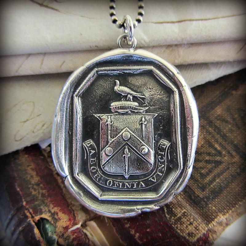 Hard Work Conquers Everything Wax Seal Crest Pendant with the Latin motto Labor Omnia Vincet 