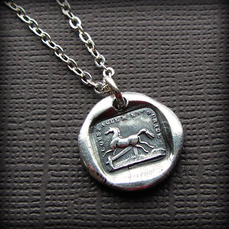 Horse Wax Seal Necklace with a silver chain.