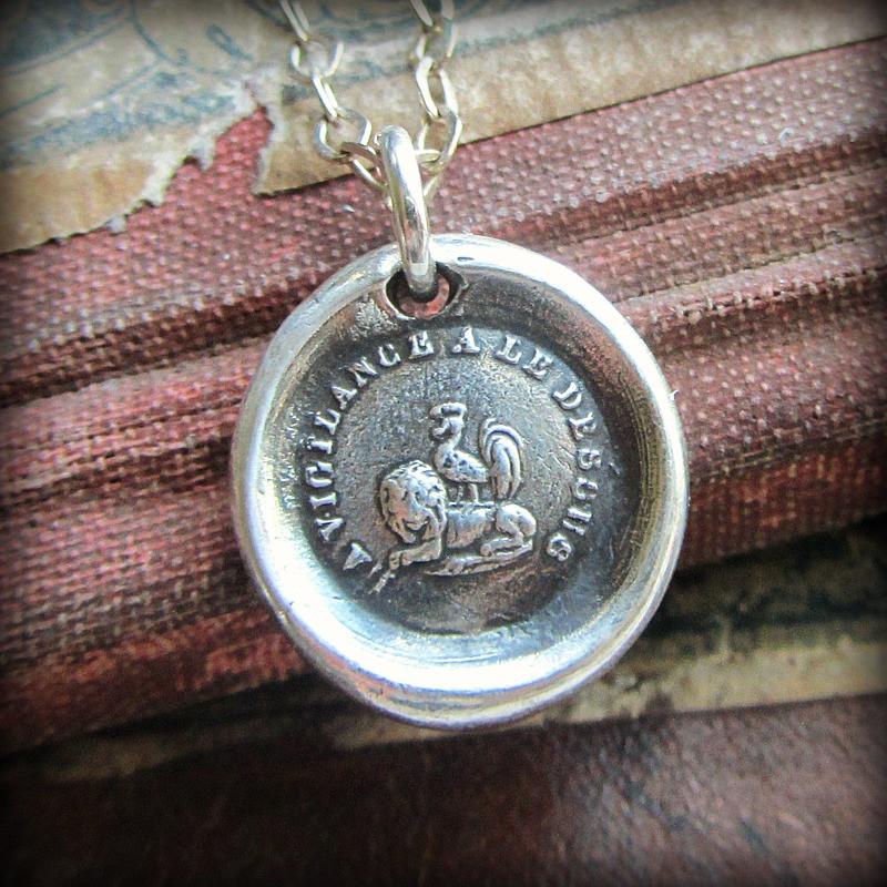 Vigilance Wins Wax Seal Necklace - Rooster atop a Lion - Keep Your Eye On The Prize - Shannon Westmeyer Jewelry - 1